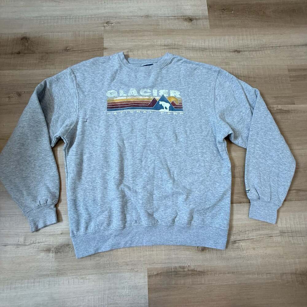 Vtg Y2K Blue 84 Glacier National Park Graphic Crewneck Sweatshirt Size Large